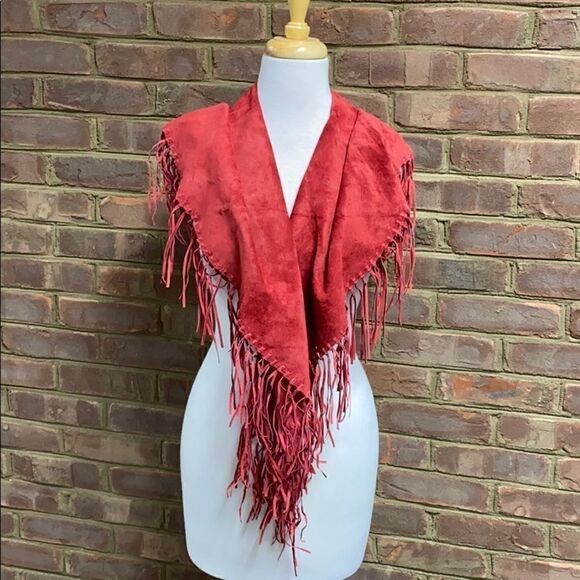 Central Falls Red Suede Fringed Cape Shawl - Picture 5 of 14
